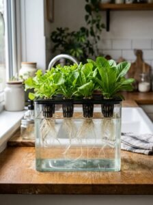 Deep water culture system for growing lettuce indoors.