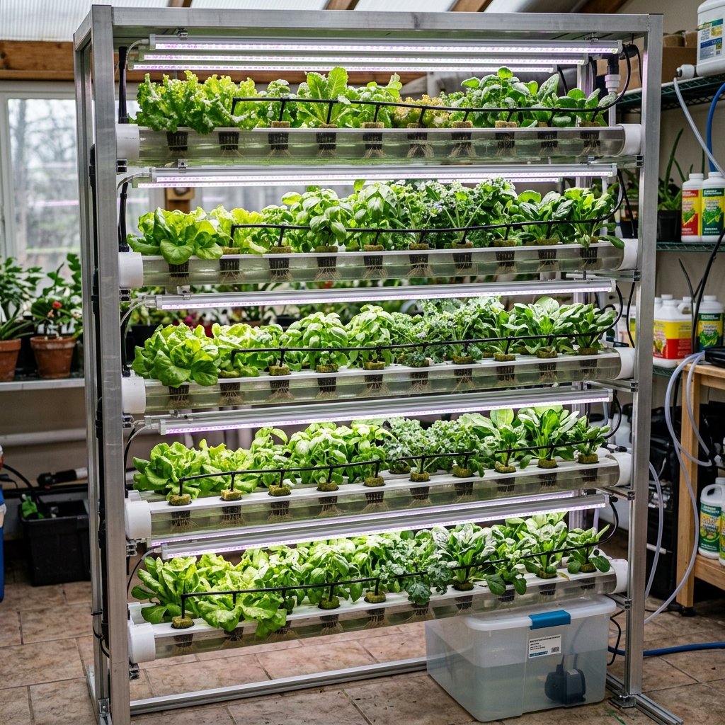 Drip flow, tiered hydroponics system.