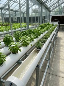 Nutrient Film Technique hydroponic system with flowing water channels
