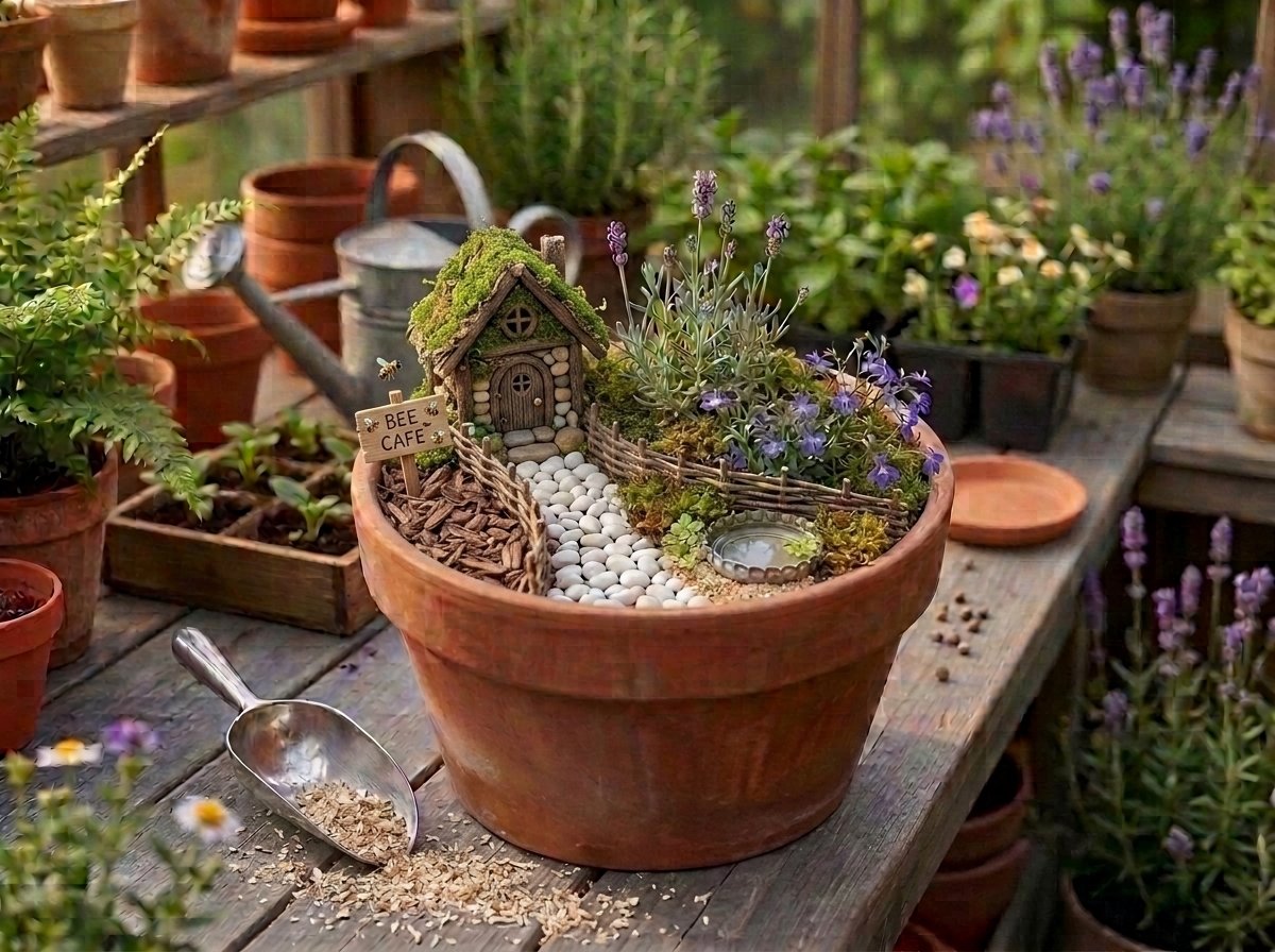 Add fairy house to the pollinator garden
