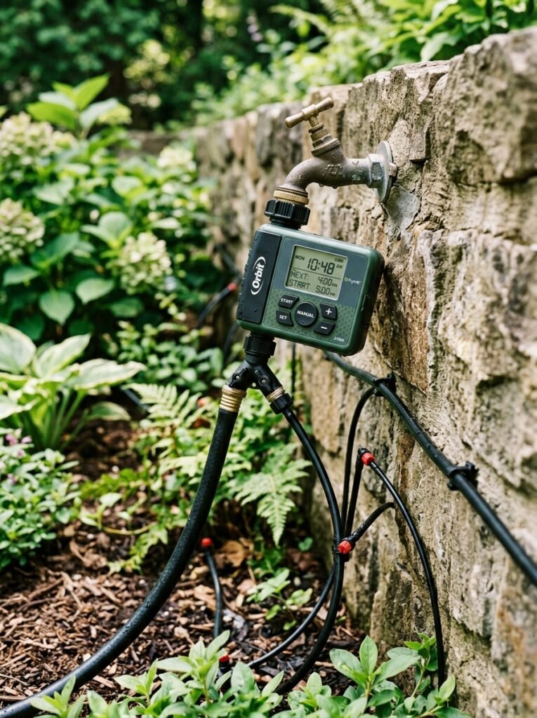 Automated timer installed with drip irrigation system.