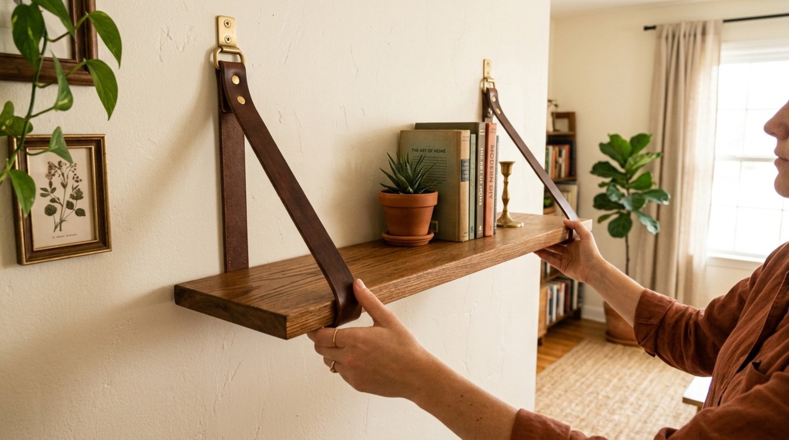 Slide in the shelf through the leather straps